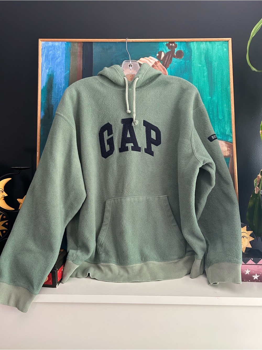 Vintage GAP 90s Sage Green Fleece Pullover Hoodie Spellout Logo XL